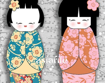 Digital Printable Cute Japanese Kokeshi Dolls 12 Different Each 2.5" Tall  Tags Decoupage Paper Crafts Stationery Asian Art CS 618
