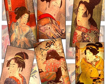 Printable Digital Collage Sheet, Digital Art, 1x2 Inch, Asian Art Tea Stained, Japanese Geisha, Dominoes Pendants Digital Collage Sheet CS 1