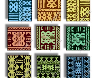 Printable Digital Art, Hawaii,  Clip Art, 1 Inch Squares,  Vintage Polynesian Tapa Cloth Designs Pendant Size, Dominoes CS 194