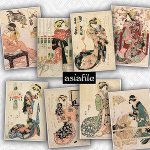 Digital Printable 8 Art Cards 3.5" X 5" Vintage Japanese Woodblock Geisha Cards & Stationery Scrapbook Decoupage Paper Crafts 10 GEISHA
