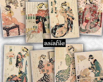 Digital Printable 8 Art Cards 3.5" X 5" Vintage Japanese Woodblock Geisha Cards & Stationery Scrapbook Decoupage Paper Crafts 10 GEISHA