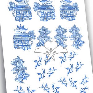 Digitale chinoiserie-clipart blauwe en witte wilg voor decoupage collage plakboek Journal Papercrafts 6" tot 3/4", 12 verschillende motieven DC 4