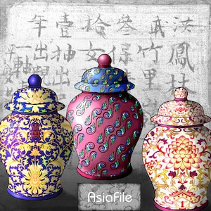 Printable Digital  Asian  2 - Inch Ginger Jars, 20 Colorful  Decoupage, Collage, Scrapbook, Magnets, Paper Goods Instant  Download CS 390