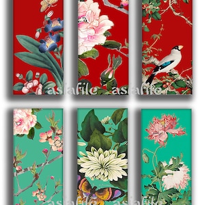 DIGITAL Collage Sheet 1 X 2 Asian Art Vintage Chinese Flowers & Birds for Pendants Dominoes Scrapbook Decoupage Stationery Papercraft CS 619
