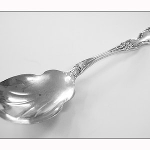 May include: A silver serving spoon with an ornate handle and a wide, shallow bowl. The spoon has a decorative floral design on the handle and bowl. The spoon is likely made of sterling silver and is designed for serving food.