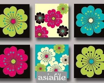 Printable  Digital Collage Sheet, Digital Art,  1 Inch  Squares Asian Blossoms Sakura Download Modern Colors   CS 186