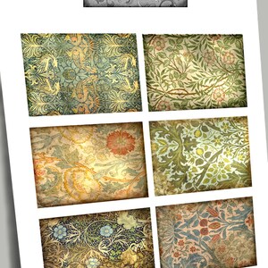 May include: Six vintage floral patterned fabric swatches. The patterns feature a variety of colours, including green, blue, red, and yellow. The patterns are intricate and detailed, with a variety of floral motifs.