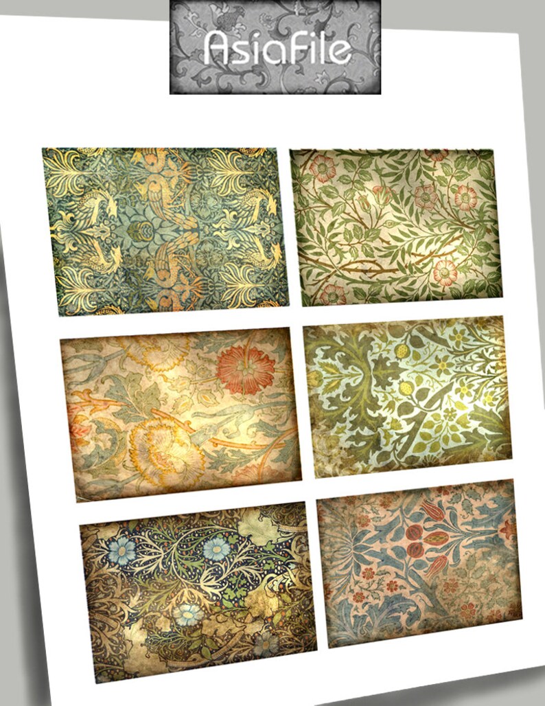 May include: Six vintage floral patterned fabric swatches. The patterns feature a variety of colours, including green, blue, red, and yellow. The patterns are intricate and detailed, with a variety of floral motifs.