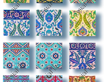 May include: Twelve colorful square tiles with intricate geometric patterns in shades of blue, green, red, yellow, and white. The tiles are arranged in a grid pattern.