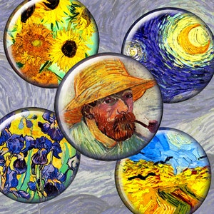 Op de afbeelding: Set van zes ronde glazen onderzetters met beroemde schilderijen van Vincent van Gogh. De onderzetters tonen zonnebloemen, een zelfportret, een sterrennacht en een tarweveld.