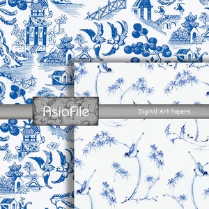Digital Paper Pack 8.5" X 11"  Chinoiserie Blue & White Asian 10 Sheets Scrapbook Junk Journal Papercraft Stationery Decoupage CHINOISERIE 2