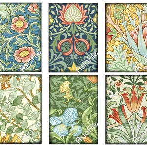 K&ouml;nnte beinhalten: Sechs verschiedene Blumenmuster in einer Collage. Die Muster zeigen eine Vielzahl von Blumen, Bl&auml;ttern und V&ouml;geln in Gr&uuml;n-, Blau-, Gelb-, Rot- und Wei&szlig;t&ouml;nen.