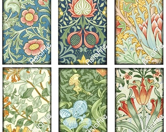 May include: Six different floral patterns in a collage. The patterns feature a variety of flowers, leaves, and birds in shades of green, blue, yellow, red, and white.