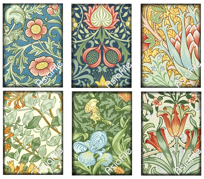 K&ouml;nnte beinhalten: Sechs verschiedene Blumenmuster in einer Collage. Die Muster zeigen eine Vielzahl von Blumen, Bl&auml;ttern und V&ouml;geln in Gr&uuml;n-, Blau-, Gelb-, Rot- und Wei&szlig;t&ouml;nen.