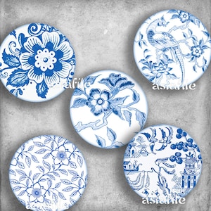 DIGITAL Printable 1.5 Inch Circles China Blue and White Chinoiserie Asian Art Images Download and Print Pendant Supplies CS 635