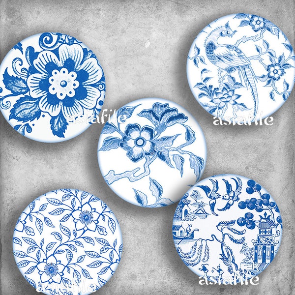 DIGITAL Printable 1.5 Inch Circles China Blue and White Chinoiserie Asian Art Images Download and Print Pendant Supplies CS 635