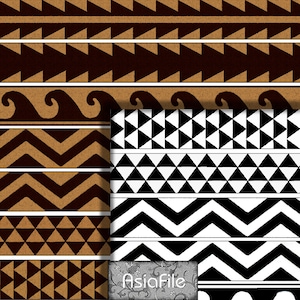 May include: A seamless pattern featuring a repeating geometric design of black and white triangles and zigzags. The pattern is divided into sections with a brown and white geometric pattern.