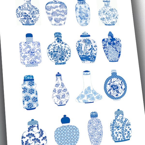 Impression numérique Chinoiserie Snuff Bottles Clip Art Téléchargements 16 différentes bouteilles de design chinois Chine Bleu et blanc Images de 2 pouces CS 623