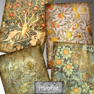 May include: Four vintage-style patterned paper squares with a faded, textured look. The patterns feature floral designs in shades of green, yellow, and brown.