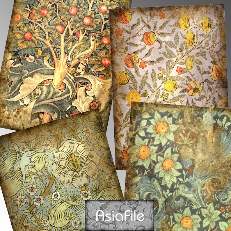 May include: Four vintage-style patterned paper squares with a faded, textured look. The patterns feature floral designs in shades of green, yellow, and brown.