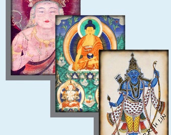 May include: Three paintings depicting religious figures. The first painting shows a woman with a crown and a white and gold outfit. The second painting shows a man in a yellow robe sitting on a lotus flower. The third painting shows a man with a blue body and a crown, holding a bow and arrow.