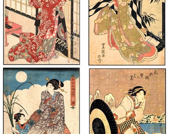 May include: Four vintage Japanese woodblock prints depicting women in traditional clothing. The prints feature various scenes, including a woman looking out of a window, a woman walking in the snow, and a woman walking with a child.
