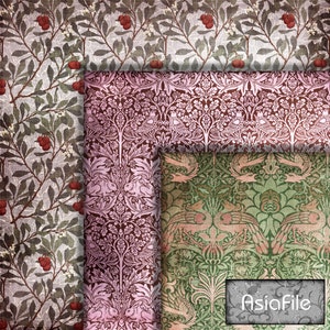 Könnte beinhalten: Drei verschiedene gemusterte Stoffmuster mit Vintage-Ästhetik. Das obere Muster ist ein grünes und braunes Blumenmuster, das mittlere Muster ist ein rosa und braunes Blumenmuster und das untere Muster ist ein grünes und braunes Vogel- und Blumenmuster. Das untere Muster hat den Text "AsiaFile" darauf gedruckt.