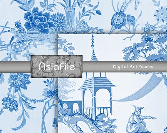Chinoiserie Digital Paper Pack: Blue & White Asian Designs (12"x12")