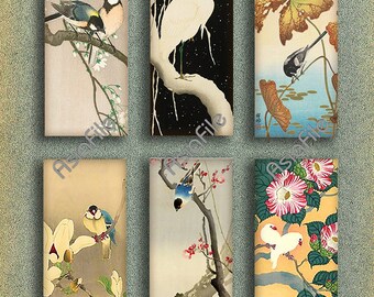 Digital Printable 1X2 Inch Asian Birds and Flowers Vintage Japanese Images for Dominoes Pendants Collage Decoupage Scrapbook CS 607