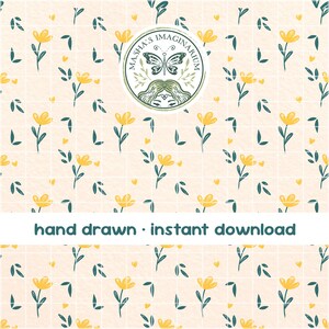 May include: A digital pattern featuring yellow flowers and green leaves on a cream background. The design includes a circular logo with a butterfly and the text "MASHA'S IMAGINARIUM". The words "hand drawn • instant download" are also present.