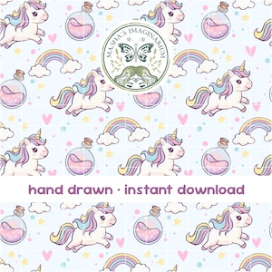 Kawaii Rainbow Unicorn & Potion Seamless Pattern, Hand Drawn Design, Digital Paper, Surface Design, Commercial Use for Small Business
