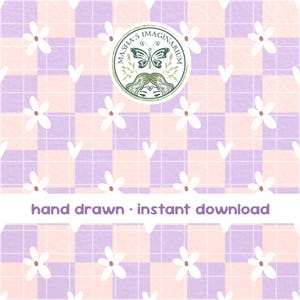 May include: A digital pattern featuring a repeating design of white flowers, hearts, and a plaid-like background in shades of lavender and peach. The pattern includes a circular logo with a butterfly and the text "MASHA'S IMAGINARIUM". The text "hand drawn • instant download" is also present.