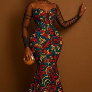 ウェディングゲスト用アソエビアンカラドレス、アンカラガウンスタイル、アフリカンプリントドレス、レディース服、アフリカンファッション、パーティードレス、教会服