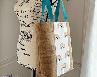 Ladies Handmade Purse, Bag, Cork Bag, Cork Purse, Rainbows, Canvas, Handbag, Tote Bag, Ready to Ship