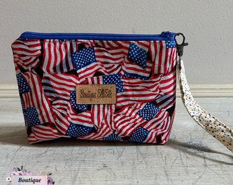 Ladies' Wristlet, Mini Purse,  ID Holder, Zippered Pouch, Lanyard, Wristlet Purse, Wallet, Pouch, American Flag, Red White and Blue