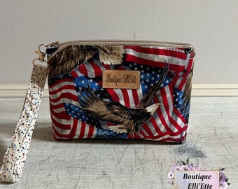 Ladies' Wristlet, Mini Purse,  ID Holder, Zippered Pouch, Lanyard, Wristlet Purse, Wallet, Pouch, American Flag, Bald Eagle, Red White Blue