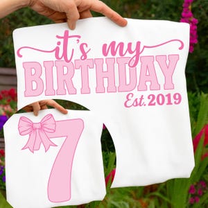 Coquette Bow 7th Birthday PNG SVG, It's My 7th Birthday PNG, Preppy Coquette Bow Birthday, Est. 2019, Front & Back Digital Design for Girls