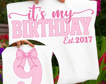 Birthday 9th Shirt, It's My 9th Birthday PNG, Girls Birthday Shirt, Girls Bow Birthday, Preppy Coquette Bow Birthday, Daughter Birthday png
