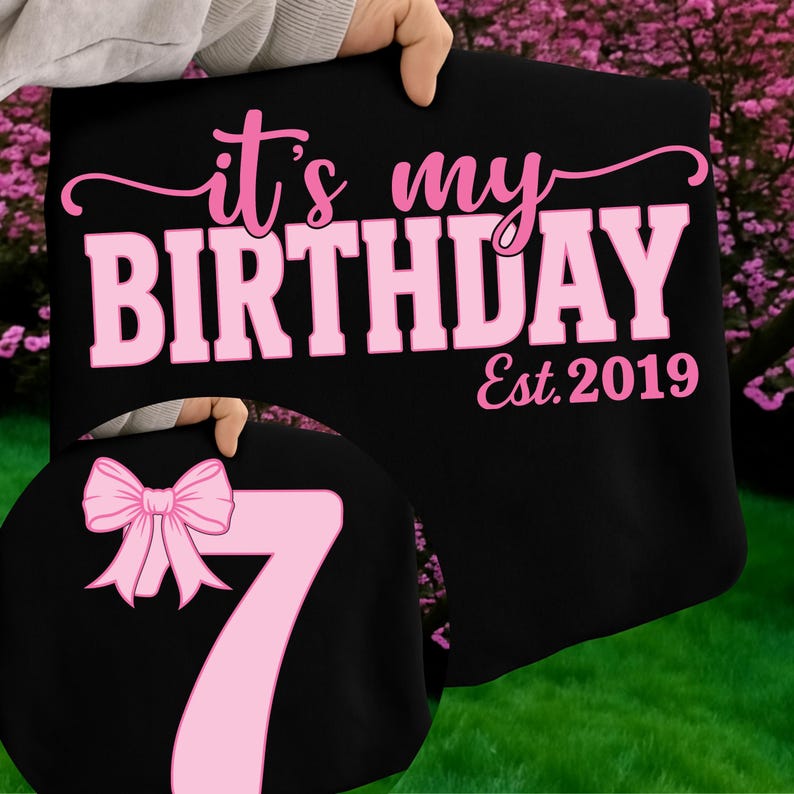 Coquette Bow 7th Birthday PNG SVG, It's My 7th Birthday PNG, Preppy Coquette Bow Birthday, Est. 2019, Front & Back Digital Design for Girls image 4