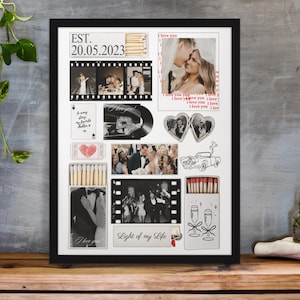 May include: A black framed wedding collage with photos, film strips, and decorative elements. The date "20.05.2023" is visible, along with the phrase "Light of my Life". The collage is displayed on a wooden surface.