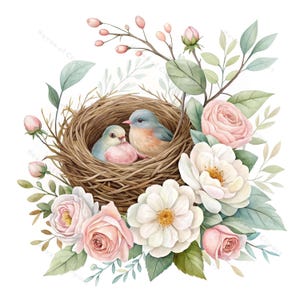 12 Clipart di bouquet di nidi di uccelli • Nido acquerello con fiori, rami e uccellini • PNG JPG per arte per bambini, decorazioni primaverili, artigianato