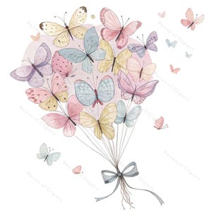 Clipart de ramo de globos y mariposas, 12 mariposas flotantes en acuarela pastel, PNG y JPG para decoración infantil, tarjetas y primavera.