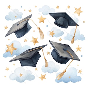 12 Aquarell Abschlusskappen Clipart • PNG / JPG • Schwarze Kappe mit goldenen Sternen & Himmel Spritzer für die Klasse von 2025 Digital Dekor