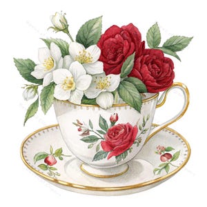12 Clipart di tazze da tè acquerellate con gelsomino e rose rosse • PNG/JPG floreale vintage • Arte del tè romantica stampabile per matrimoni, decorazioni