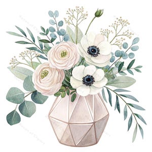 12 minimalistische geometrische Topf Clipart • Aquarell Eukalyptus & Ranunkel im Sechseck-Blumentopf • PNG JPG für Drucke, Papiermodell, Dekoration