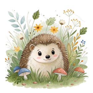12 cliparts aquarelle hérisson dans de l'herbe • PNG/JPG • Jolie illustration d'animal de la forêt pour oeuvre d'art murale pour chambre d'enfant et créations manuelles sur le thème de la forêt