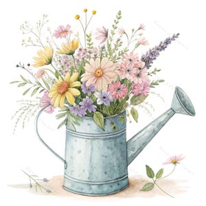 12 arrosoirs vintage avec des cliparts de fleurs sauvages • Fleurs de jardin à l'aquarelle PNG/JPG • Art floral printanier rustique pour impressions et décoration