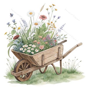 12 Watercolor Wheelbarrow with Wildflowers Clipart • PNG/JPG • Rustic Garden Floral Illustration for Spring Decor & Digital Crafts