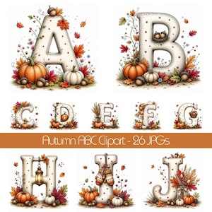 26 JPG Whimsical Fall Alphabet Clipart • Autumn ABC Letters Watercolor JPG Art • Pumpkins Leaves Monogram Cards Invites