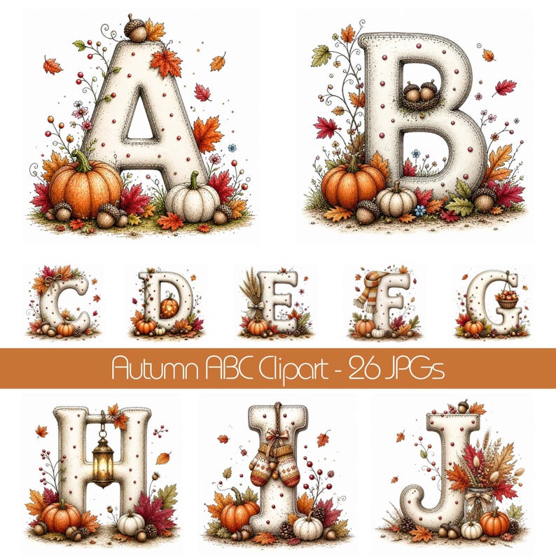 26 JPG Whimsical Fall Alphabet Clipart • Autumn ABC Letters Watercolor ...